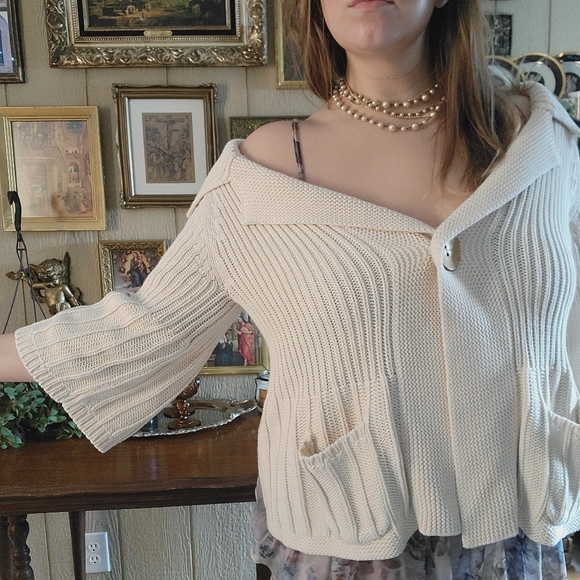 100% Cotton Heavy Knit Sweater Jacket | Cardigan | Ivory Colored | Bell Sleeves - Picture 8 of 11